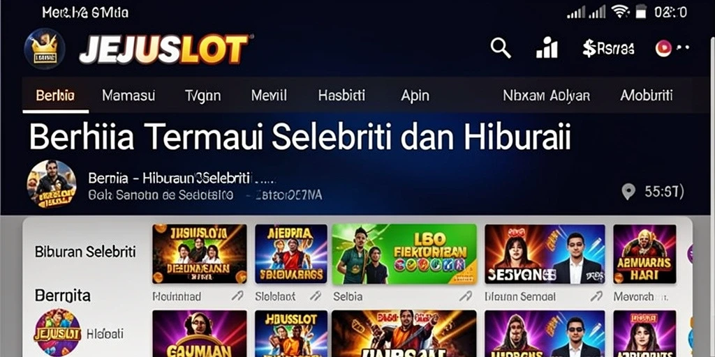 Tampilan antarmuka modern JEJUSLOT dengan berita selebriti terbaru.