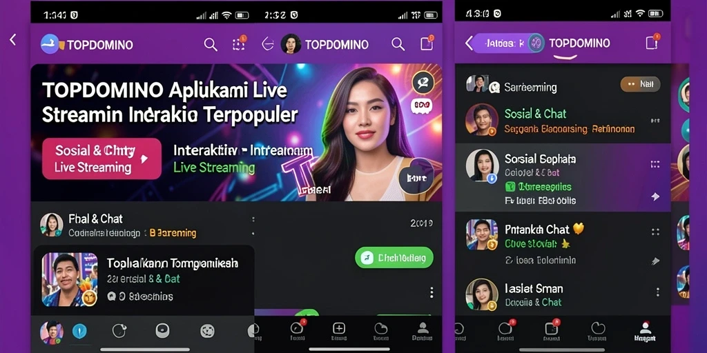 Antarmuka aplikasi TOPDOMINO dengan fitur Live Streaming yang interaktif.